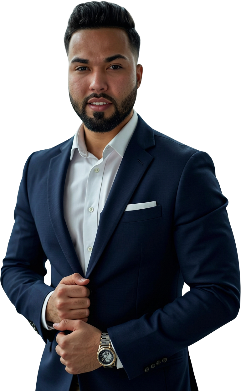 Manuel Torna, real estate agent, in a navy suit