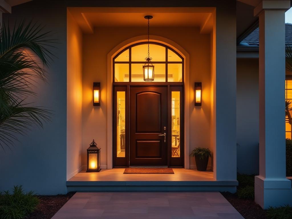 Warmly lit entry of a Southwest Florida style home at dusk