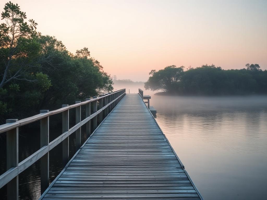 Quiet coastal boardwalk over calm water at dawn