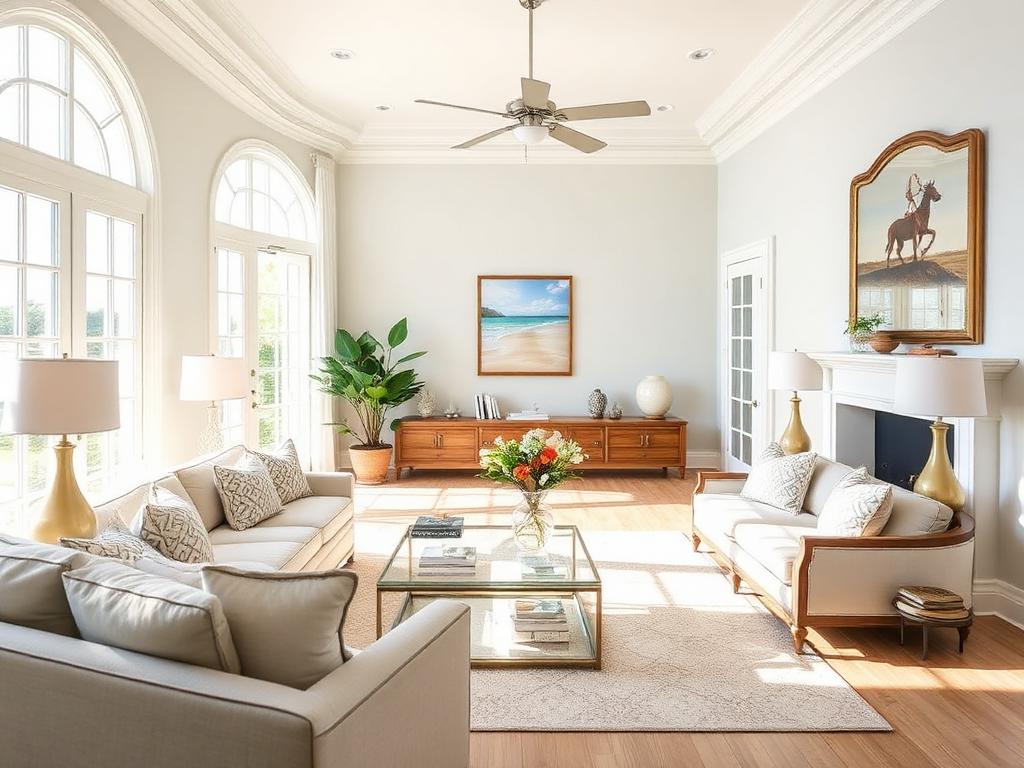 Bright coastal living room prepared for photography